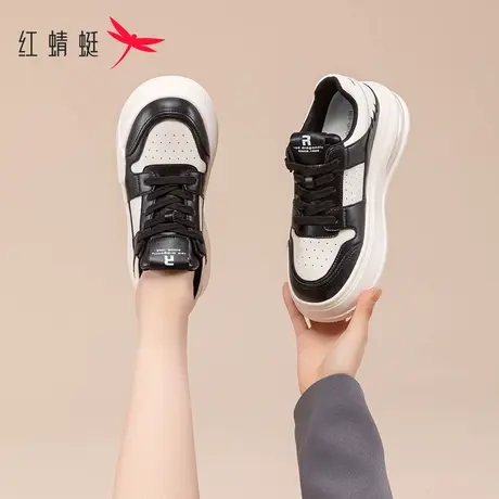 红蜻蜓厚底板鞋女秋2023新款复古港风chic鞋子休闲鞋黑白熊猫女鞋商品大图