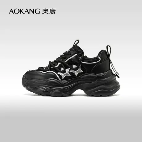 奥康女鞋 2024春季新款时尚拼接增高厚底黑色老爹鞋运动休闲鞋图片
