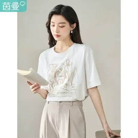 【商场同款】茵曼精工绣花短袖T恤2023夏季女装新款宽松圆领上衣图片