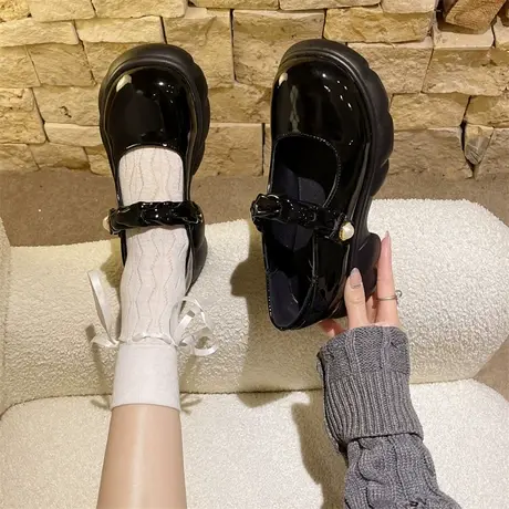 玛丽珍鞋女超火配裙子2024年新款春秋厚底防滑单鞋复古粗跟小皮鞋图片