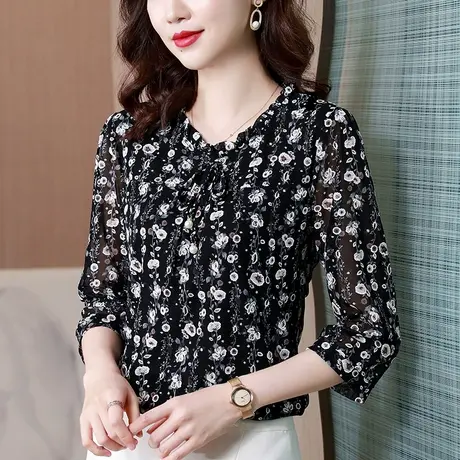 中袖女上衣2023新款夏季大码女装印花雪纺衬衫七分袖t恤碎花小衫商品大图