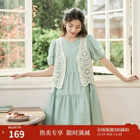 茵曼时尚清新连衣裙2023夏季女装新款宽松遮肉A字圆领泡泡袖裙子商品大图