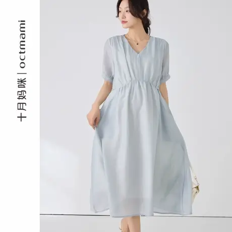 十月妈咪孕妇V领腰后绑带连衣裙2025新款夏季薄款外穿宽松收腰裙商品大图