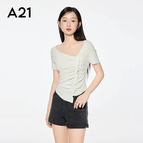 A21女装斜领套头薄毛针织衫2025夏季新款简约穿搭不规则下摆上衣商品大图
