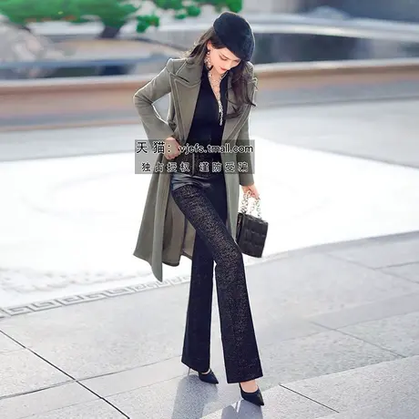 VJE冬季欧美别致叠领假两件双排扣毛呢外套女新款中长款大衣商品大图