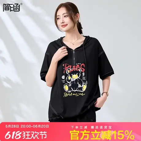 时尚连帽短袖上衣女简涵夏季新款印花棉T恤时尚妈妈宽松减龄小衫商品大图