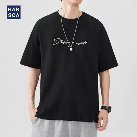 hansca 日系宽松圆领黑色短袖T恤男2025夏季230g重磅撞色刺绣上衣商品大图
