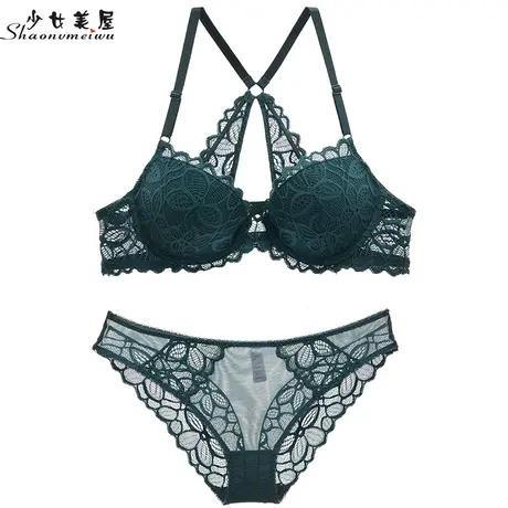 【青仓】前扣美背文胸套装性感蕾丝成套内衣小胸聚拢女士交叉带商品大图