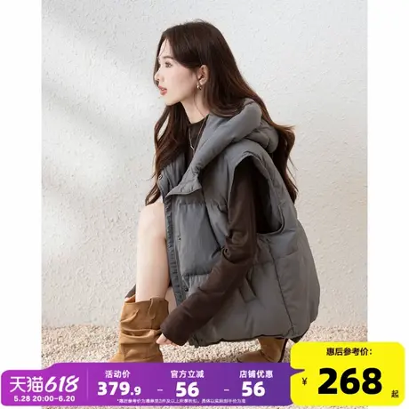 【防水】唐狮2024新款灰色羽绒服女冬装短款连帽马甲韩系外套爆款商品大图