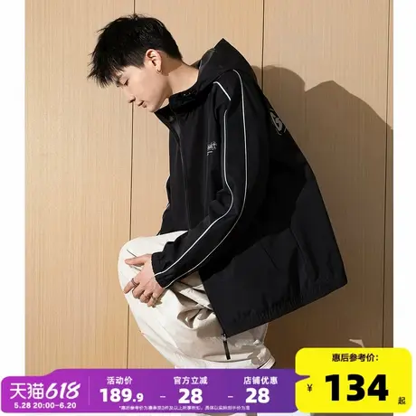 唐狮2025春季新款男士夹克外套连帽嵌条拼接黑色上衣休闲男装复古图片