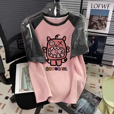 粉色插肩半袖t恤女中长款oversize宽松大码韩版短袖ins新款上衣夏图片