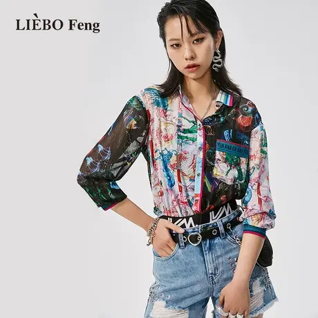 裂帛LIEBOFeng设计师品牌2023夏复古港风印花撞色两件套雪纺衬衫图片