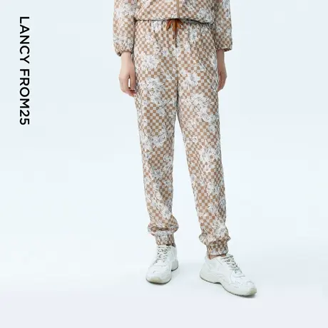 LANCY/朗姿2023秋季新款设计感印花格纹小脚休闲裤子女运动裤女图片