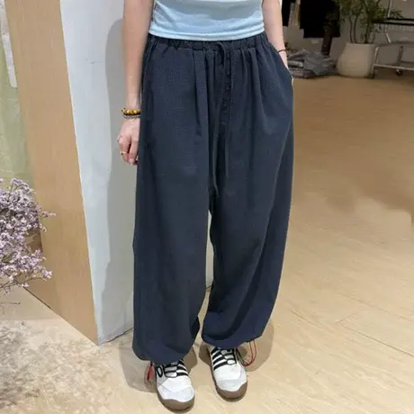 韩系复古时尚简约格子束脚卫裤女早秋新款宽松慵懒抽绳显瘦休闲裤商品大图
