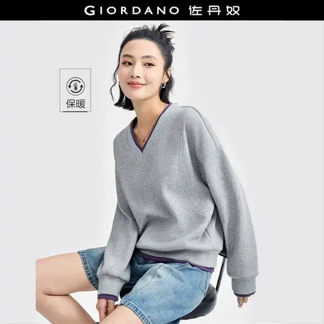 佐丹奴外套女装加绒撞色边V领破骨针织套头卫衣 18324222图片