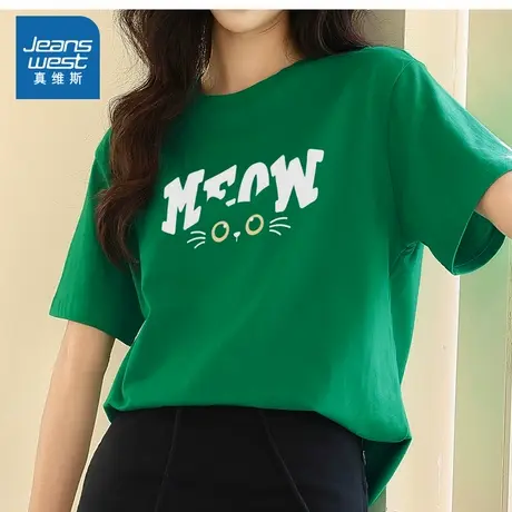 YD真维斯女装2025夏季新款女款字母小猫印花日常时尚女士短袖T恤商品大图