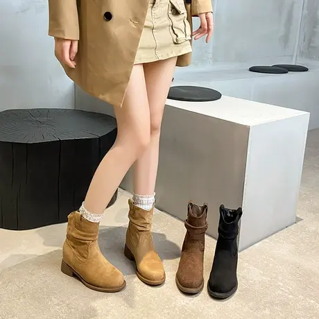 气质百搭堆堆靴女2025秋季新款法式粗跟增高骑士靴小个子爆款短靴商品大图