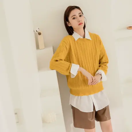 桔熊秋冬季通勤柔软绞花保暖毛衣花瓣下摆镂空针织衫女大码FA2430图片