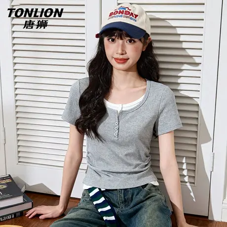 唐狮官方正肩短袖女t恤夏2026新款女款修身显瘦内搭假两件上衣VB图片