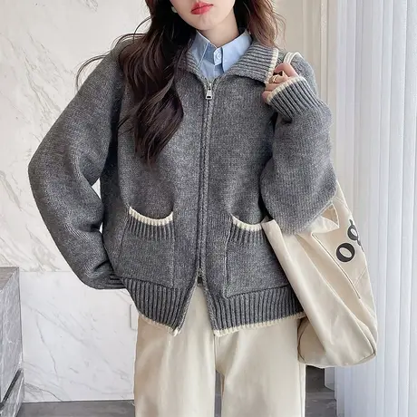 唐狮秋冬季女毛衣文艺复古风撞色边翻领拉链开衫宽松百搭tu商品大图