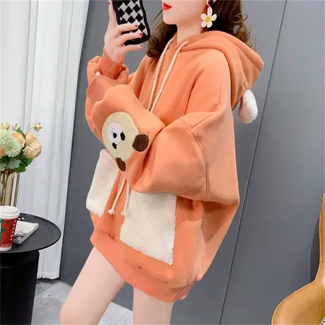 慵懒风加绒加厚连帽卫衣女2022年新款秋冬宽松设计感洋气小熊外套商品大图