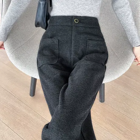 黑色羊绒西装阔腿裤女冬季高腰垂感宽松加厚休闲直筒毛呢拖地裤子图片