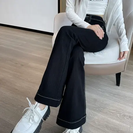 黑色微喇牛仔裤女高腰修身显瘦2023年春秋新款小个子拖地喇叭裤潮商品大图