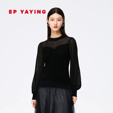EP雅莹女装 黑色羽毛纱拼接 泡泡袖内搭针织衫 商场同款9910A商品大图