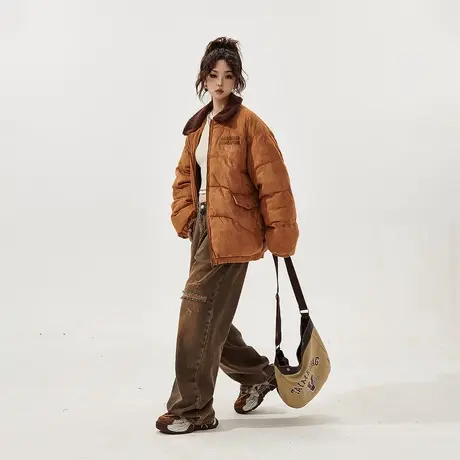 YEP麂皮绒拼接棉服女冬季加厚外套2023新款复古宽松oversize棉服商品大图