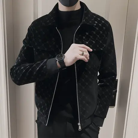 高级感满印字母皮衣夹克男秋冬短款花色潮牌炸街痞帅机车翻领外套商品大图