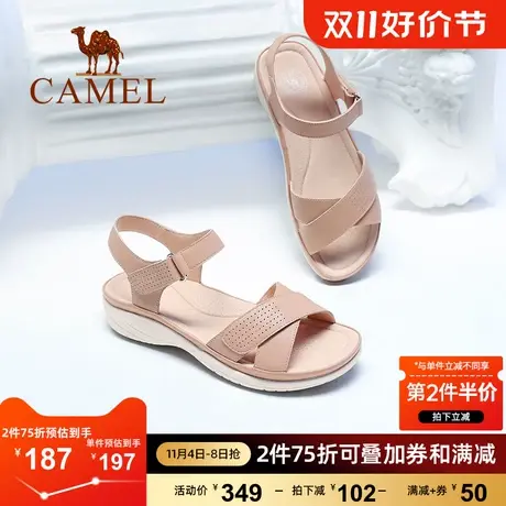 骆驼女鞋夏季新款魔术贴厚底凉鞋女真皮休闲时装平底凉鞋女图片