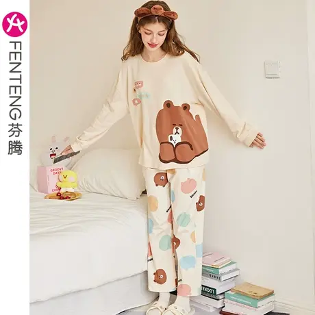 芬腾布朗熊睡衣女春秋季纯棉长袖宽松卡通可爱韩版全棉家居服套装商品大图