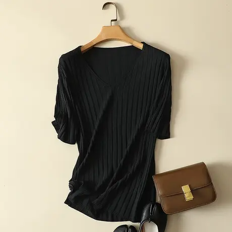 冰丝针织衫女装春夏季新款V领宽松套头2024韩版短袖t恤女薄款上衣商品大图