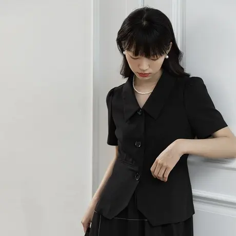 omont蛋挞家 复古翻领泡泡袖短款西装外套女夏季修身显瘦短袖西服商品大图