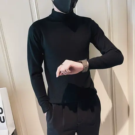 冬季男毛衣针织衫打底衫线衣修身套头潮牌半高领潮流纯色体恤ins图片