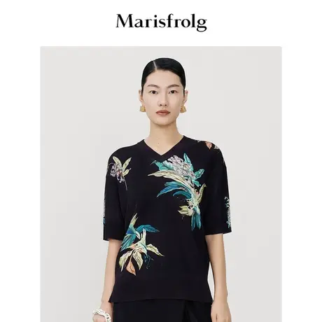 【商场同款】玛丝菲尔2023年夏季新款女装黑色V领时尚印花针织衫商品大图