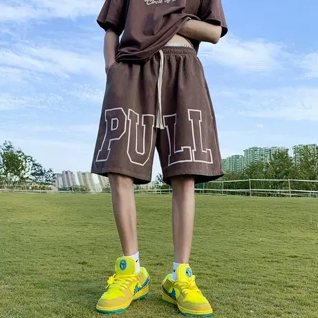 字母印花复古美式短裤男夏季薄款潮牌ins宽松直筒大裤衩过膝中裤商品大图