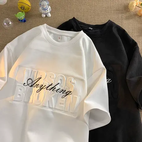 麂皮绒钢印短袖t恤男夏季潮流2025新款宽松美式重磅半袖潮牌体恤t商品大图