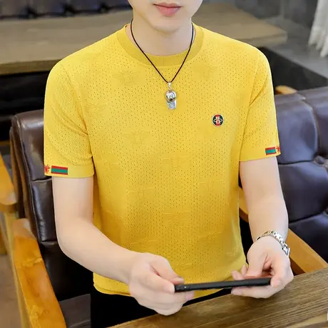 高端冰丝圆领短袖t恤男士夏季刺绣时尚修身针织休闲打底衫体恤男T商品大图