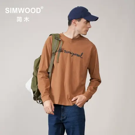 Simwood简木男装【宽松版型】秋新款碳素磨毛字母印花圆领长袖T恤图片