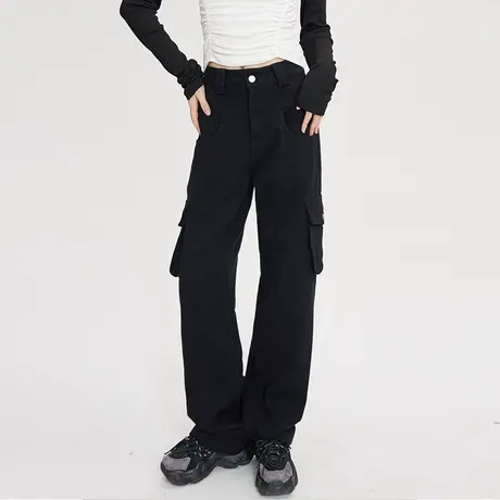 尔给潮牌黑色显瘦工装裤女秋冬2022新款复古美式直筒裤休闲裤子商品大图
