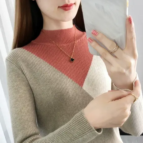 拼色半高领套头针织衫女2025年春季新款短款修身打底衫撞色毛衣商品大图