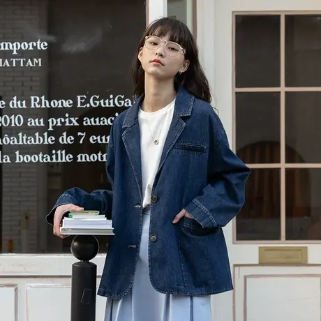 omont蛋挞家 复古翻驳领撞色线短款牛仔外套女春秋宽松百搭牛仔衣商品大图