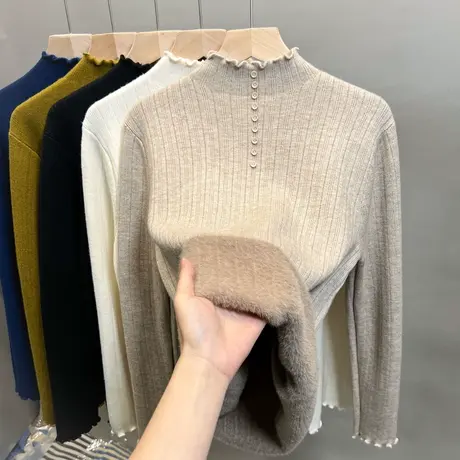 加绒半高领毛衣女一体绒加厚打底衫2023秋冬新款上衣内搭针织衫潮商品大图