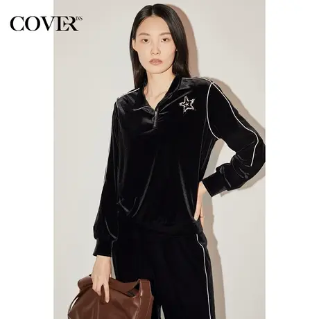 COVER春秋舒适宽肩定制星星钻饰胸针轻奢丝绒衬衫上衣图片