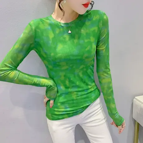时尚网纱打底衫女内搭洋气扎染印花T恤长袖欧货春装修身显瘦上衣商品大图