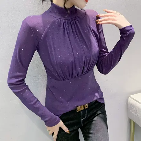 欧货半高领打底衫女加绒内搭性感网纱上衣设计感褶皱漂亮T恤长袖商品大图