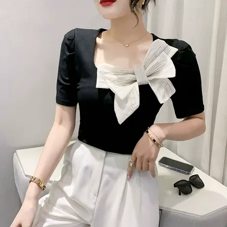 欧货设计感女装时尚蝴蝶结T恤短袖气质方领上衣夏季修身显瘦小衫图片