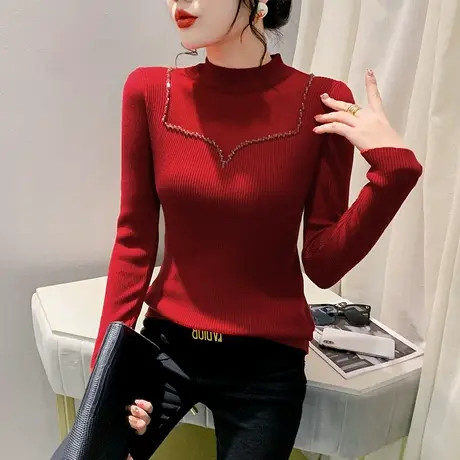 性感网纱冰丝拼接针织衫长袖时尚半高领烫钻毛衣洋气内搭套头毛衣商品大图