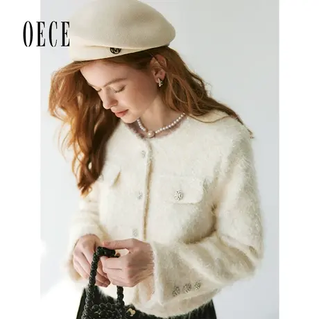 Oece复古设计感毛毛外套女2024春冬季新款气质短外套商品大图